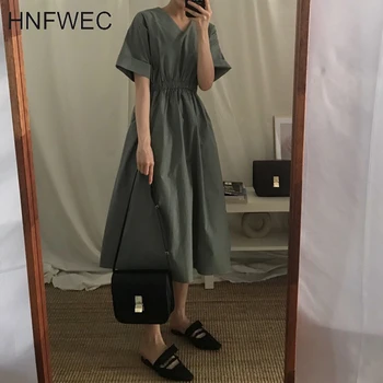 

2020 Summer New Minimalist Women Slim Elastic Waist Long Dress Female Korea V-Neck Short Sleeve Loose Simple Ladies Dresses T172