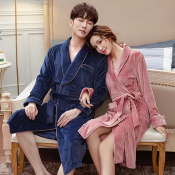 

Kimono Winter Bath Robe Long Sleeves Sexy Night Wear Quality Velvet Soft Warm Men and Women Matching Night Gowns Men Sleepwear