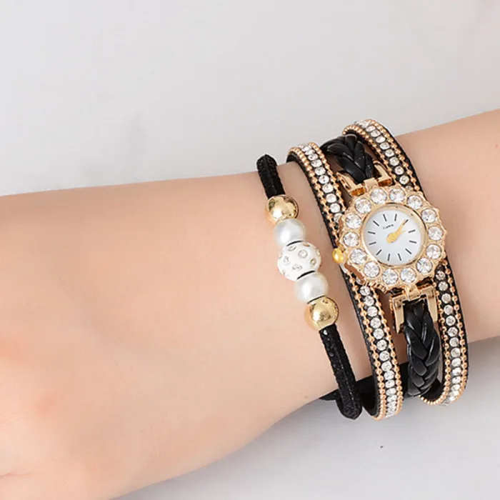 Женские кварцевые наручные часы небольшой циферблат с декоративные камни многослойный браслет полоса LL@ 17