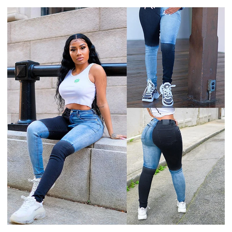 

Plus Size Patchwork Jeans Fashion Women Loose Casual Breathable Jean Personalized Stitching Contrast Color Denim Trousers Female