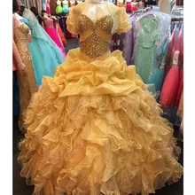 

Princess Golden Quinceanera Dresses for 15 Year Ball Gown with Jacket Ruffles Tiered Luxury Crystal Corset Debut Gowns