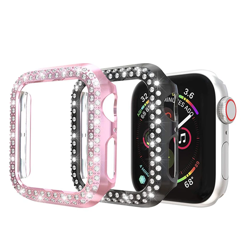 Алмазный ПК часы чехол для Apple Watch 38 мм 42 мм 40 мм 44 мм с двумя рядами кристаллов Алмазный протектор чехол для iWatch серии 4 3 2 1