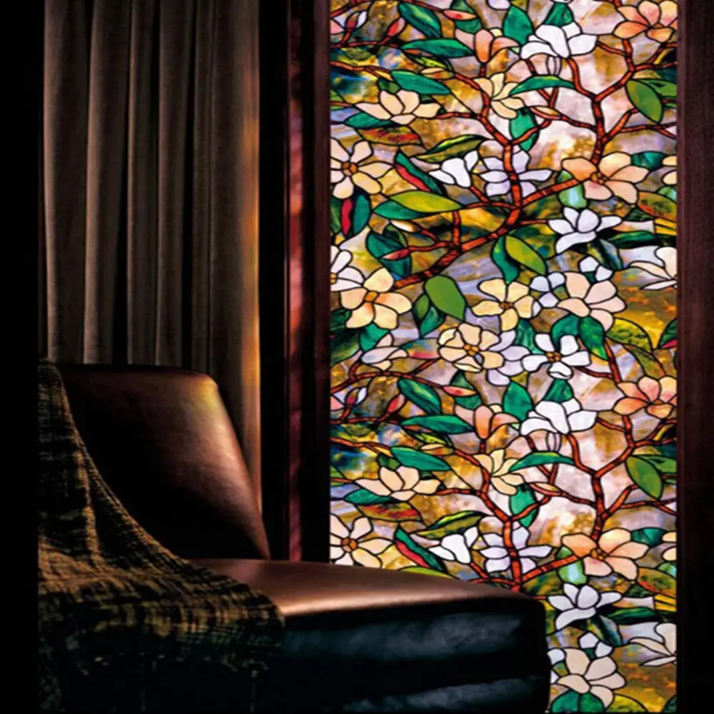 Магнолия дизайн витражная наклейка статическая цепляющаяся УФ-защита многоразовые Многоразовые съемные прочные украшения для дома DIY Тонировочная пленка