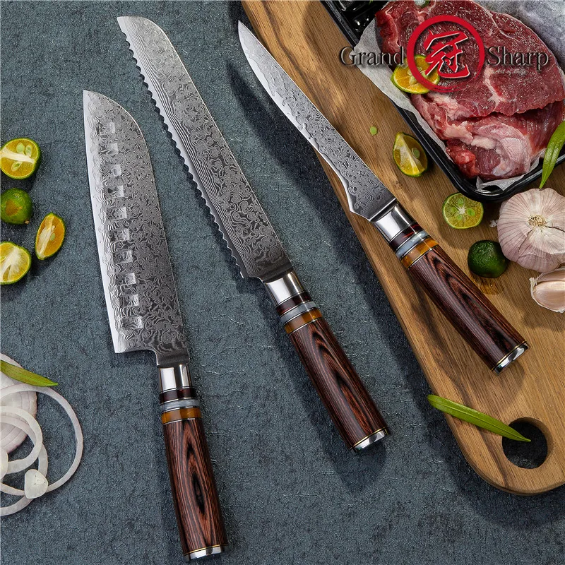 

Grandsharp 3 Pcs Chef Knife Set vg10 Japanese Damascus Steel Santoku Bread Boning Knife Japanese Kitchen Knives 67 Layers Knives