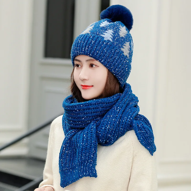 bew blue Комплект из 2 предметов, женские зимние шапки, шарф, хлопок, плюс бархат, шапочки, шапки для девочек, шапка и шарф, набор, помпоны, шапки, вязанный длинный шарф - Цвет: bew blue