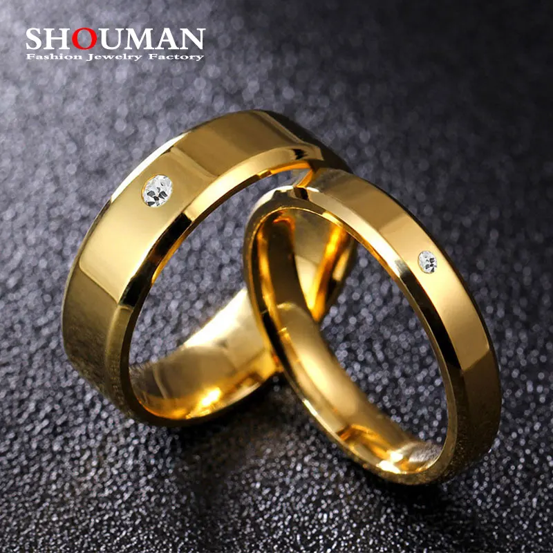 

SHOUMAN Gold Cubic Zirconia Stainless Steel Men And Women Rings Bride Wedding Engagement Fashion Jewelry Custom Lettering Gift