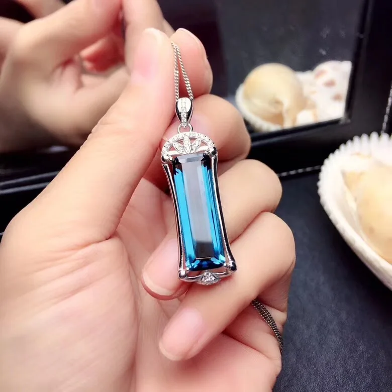 

NGP3 Long cube blue topaz gemstone pendant for women silver jewelry fine jewelry natural gem super big size