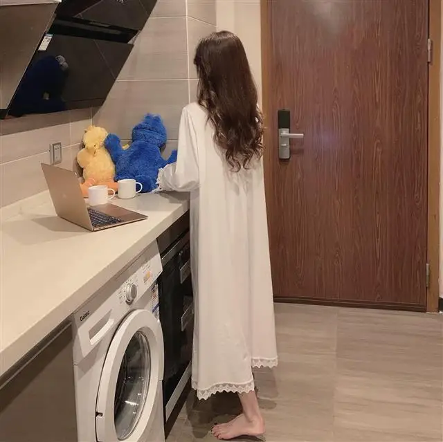 Women Nightgowns Long Sleeve Cotton Sleepwear Dress for Spring Summer