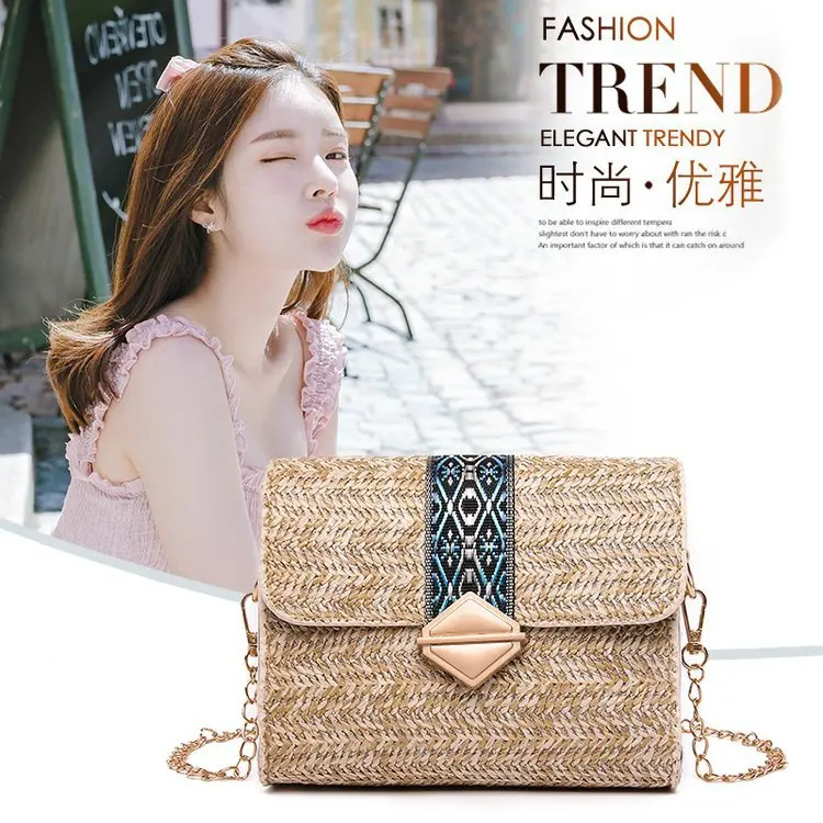

2019 Summer New Style Square Sling Bag Women's Fashion Korean-style Versatile Shoulder Bag Shoulder Straw INS Hot Selling Bag