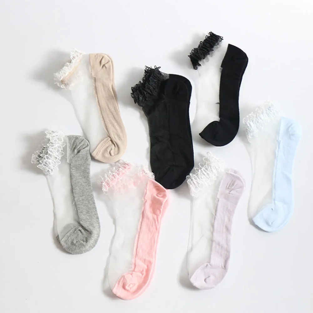 1Pair Women Lace Flower Ankle Sock Soft Comfy Sheer Silk Cotton Elastic Mesh Knit Flower Trim Transparent Women's socks hot