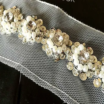 

6 yards Sequins Handmade Beaded Mesh Collar Pearl Lace Wedding Dress DIY lace belt trim