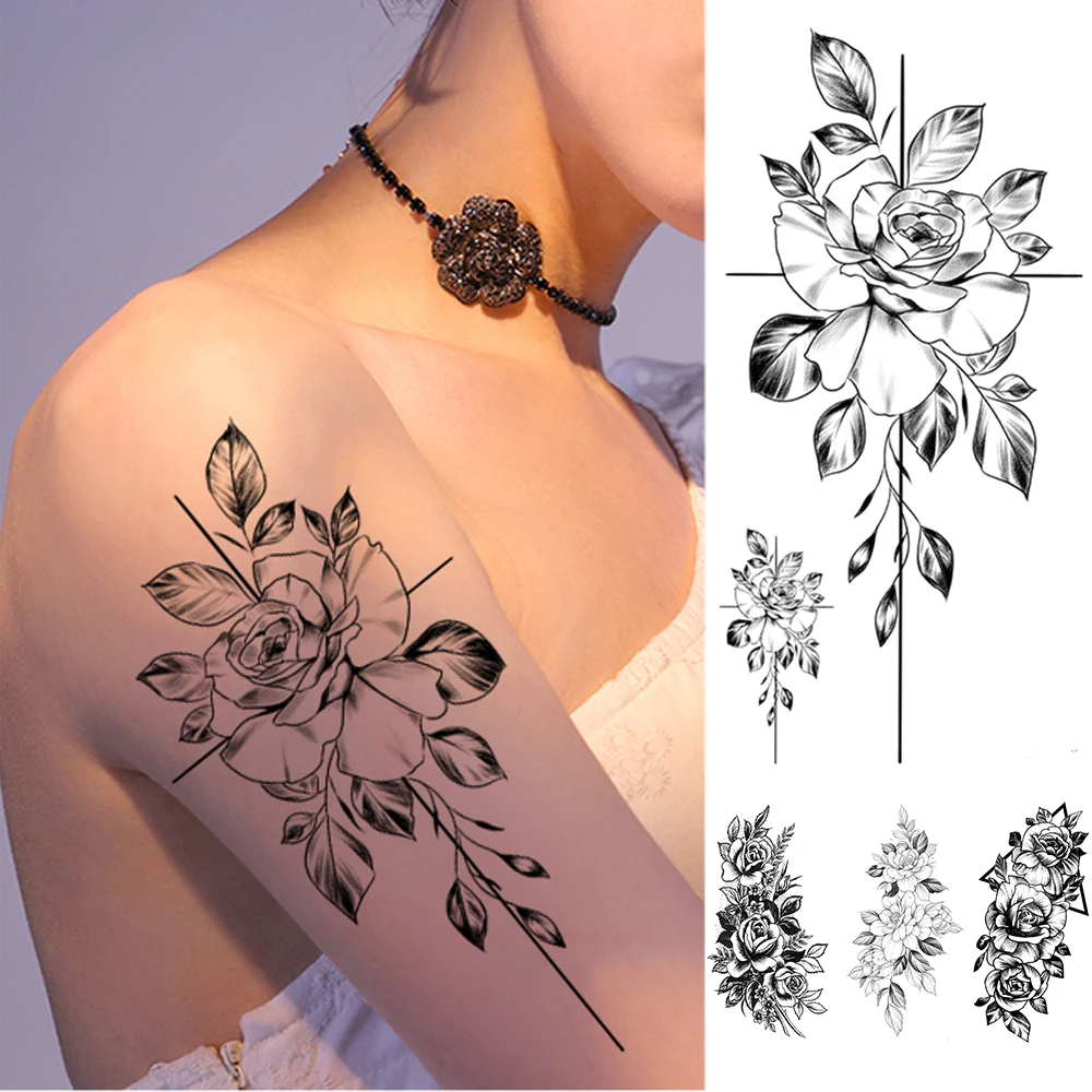

Временная татуировка «сделай сам» для женщин и девушек, Реалистичная искусственная Татуировка пиона, наклейка, черная Флора, лист, Сексуальная Татуировка, тело на руку
