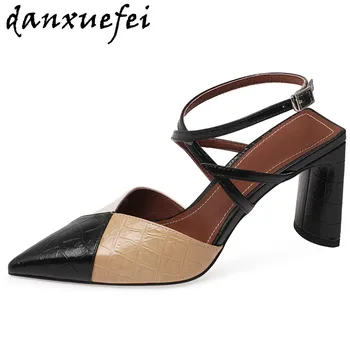

Women's genuine leather thick high heel pointed toe ankle strap pumps slingback mix color patchwork evening sandals dress shoes