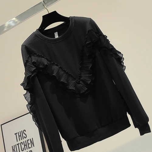 Lotus Side Hoodie Женская Осенняя Новинка, корейский Свободный облегающий топ с длинными рукавами, Sudadera Mujer Bluza damsk Pull Femme - Цвет: Черный