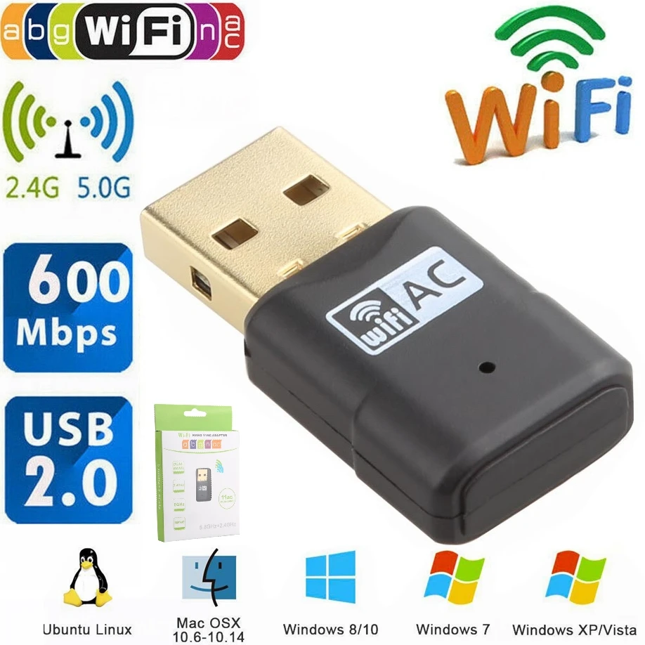 600Mbps USB 와이파이 어댑터, 600M 듀얼 밴드 와이파이 무선 네트워크 카드 동글, AC600, 2.4GHz, 5GHz LAN, PC 노트북 무료 드라이버