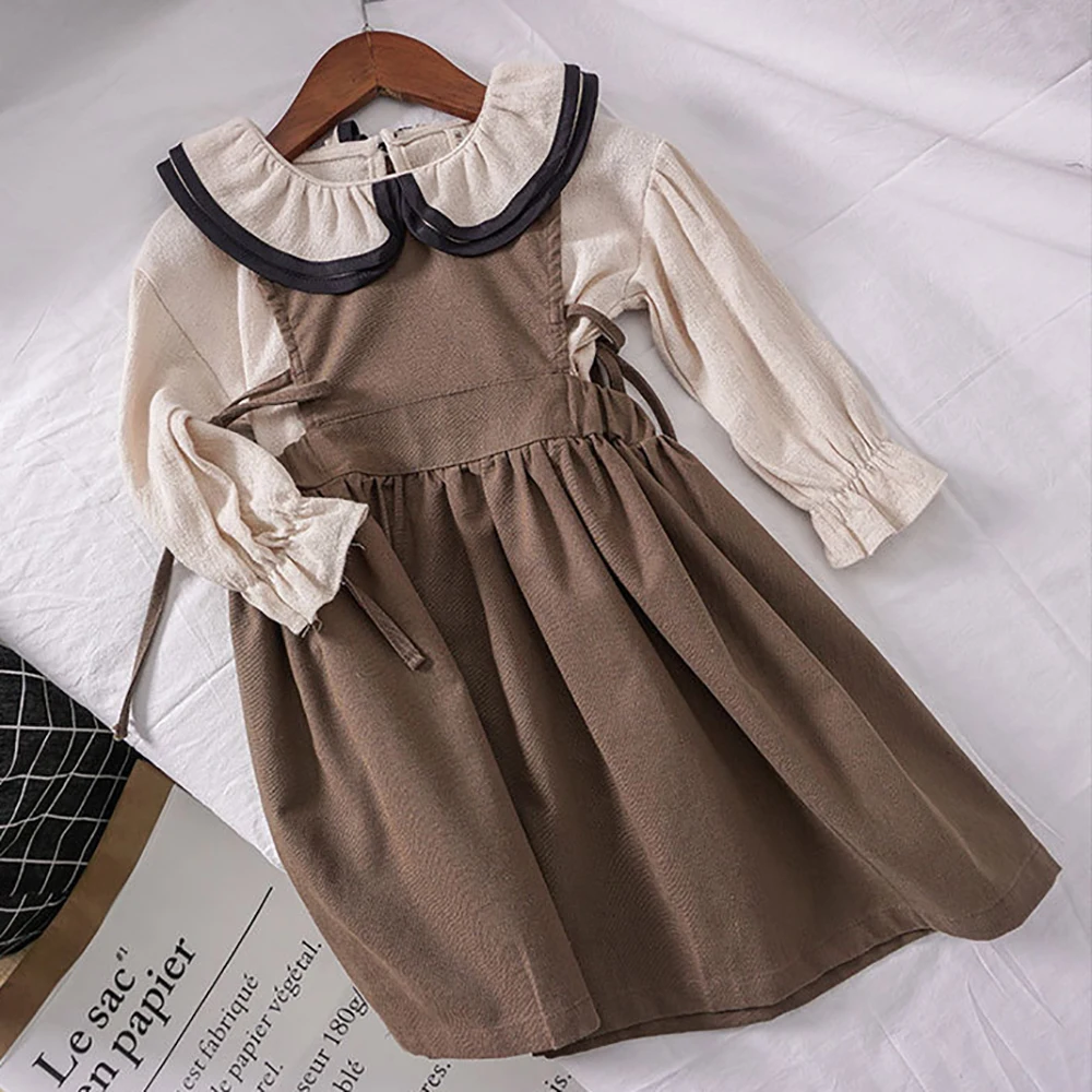 HE Hello Enjoy/ г. Осенняя одежда для девочек Детские платья для девочек, кукольная рубашка с воротником, платье-жилет детское платье принцессы для маленьких девочек