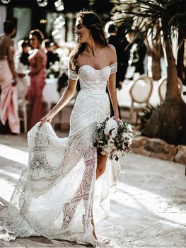 

Sexy Boho Beach Soft White Lace Mermaid Wedding Dress 2020 Summer Sweetheart Long Bridal Dress Off Shoulder Hawaiian Bride Gown
