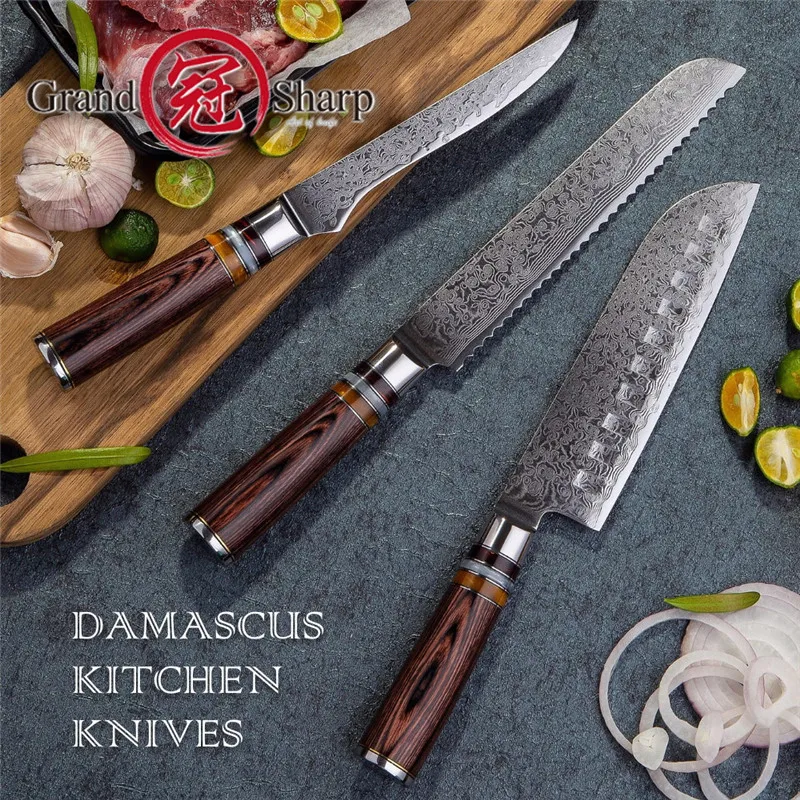 GRANDSHARP 3 шт набор ножей для повара vg10 японской дамасской Сталь Santoku хлеб нож-топорик японский Кухня ножи 67 слоев ножи