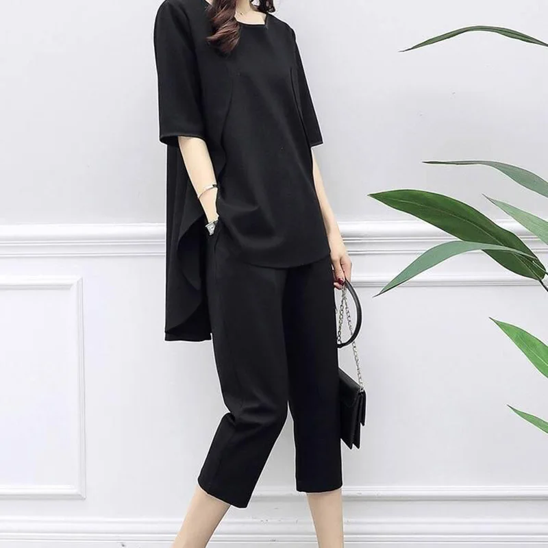 

Fashion Nice Summer Spring Women Plus Size 5Xl 2 Piece Set Casual Tops And Calf-Length Pants Female Office Suit