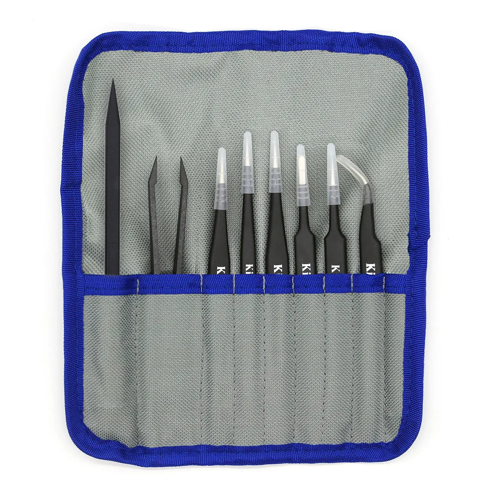 KING'SDUN 8Pcs Anti-static Tweezers ESD Stainless Steel Tweezers Set Industrial Precision Curved Straight Tweezer Repair Tools