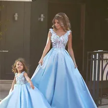 Небесно-голубое платье для выпускного вечера для мамы и дочки кружевное атласное вечернее платье трапециевидной формы с объемными цветами, вечерние платья Длинные платья Vestidos
