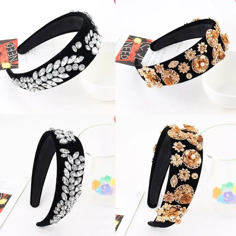 

Women Hair Hoop Luxury Heavy Duty Baroque Headband Gold Alloy Flower Rhinestone Hair Hoop 24BC