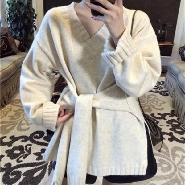 RUGOD Korean New Style Chic V-neck Solid Color Pullover Elegant Belted Sweater Ladies Winter Tops For Women Fashion - Цвет: Хаки