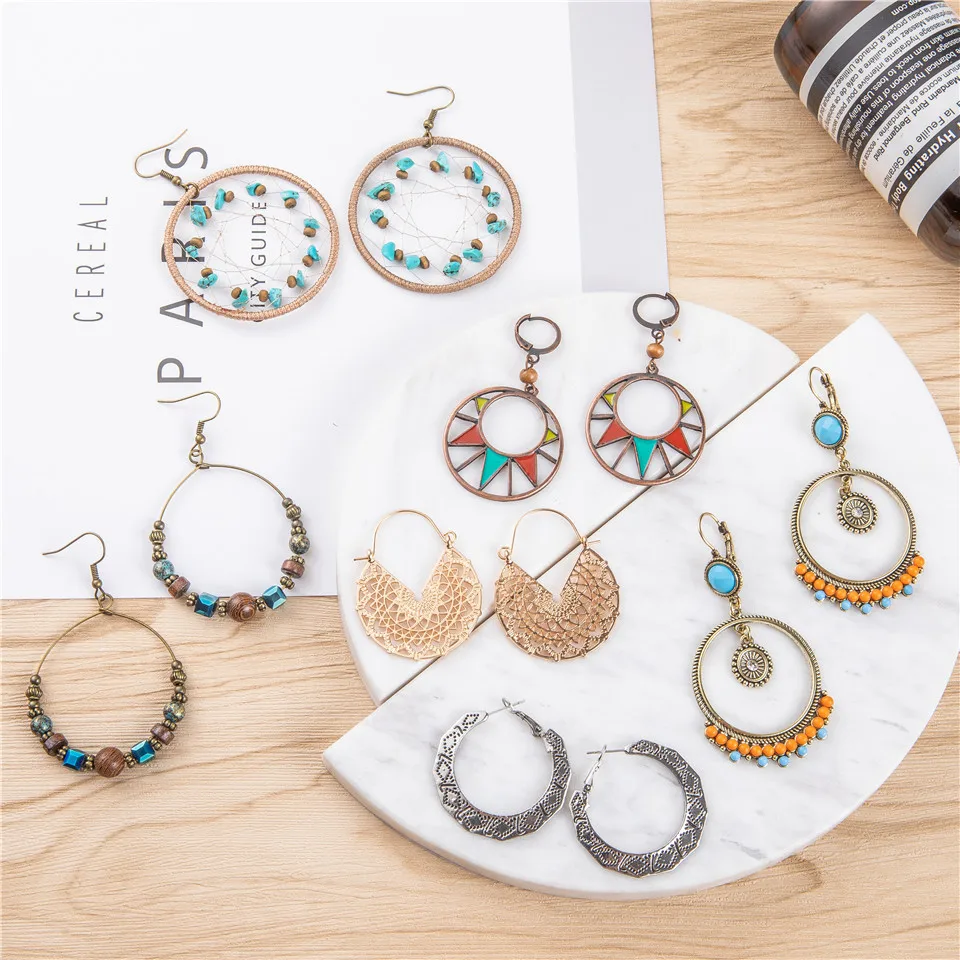 Ethnic Bohemian Vintage Retro Big Round Circle Drop Earrings Resin Stones Crystal Handmade Earrings for Women Statement Jewelry (4)