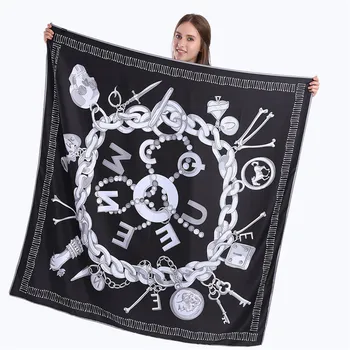 

Popular twill silk lady silk scarf 130cm square towel metal strip skull pattern shawl scarf