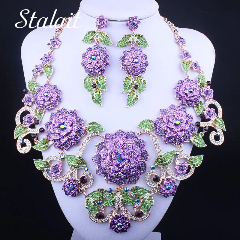7 цветов лист с кристаллами стразами Цветущий богатый цветок серьги ожерелье ювелирный набор для женщин Свадебные украшения невесты