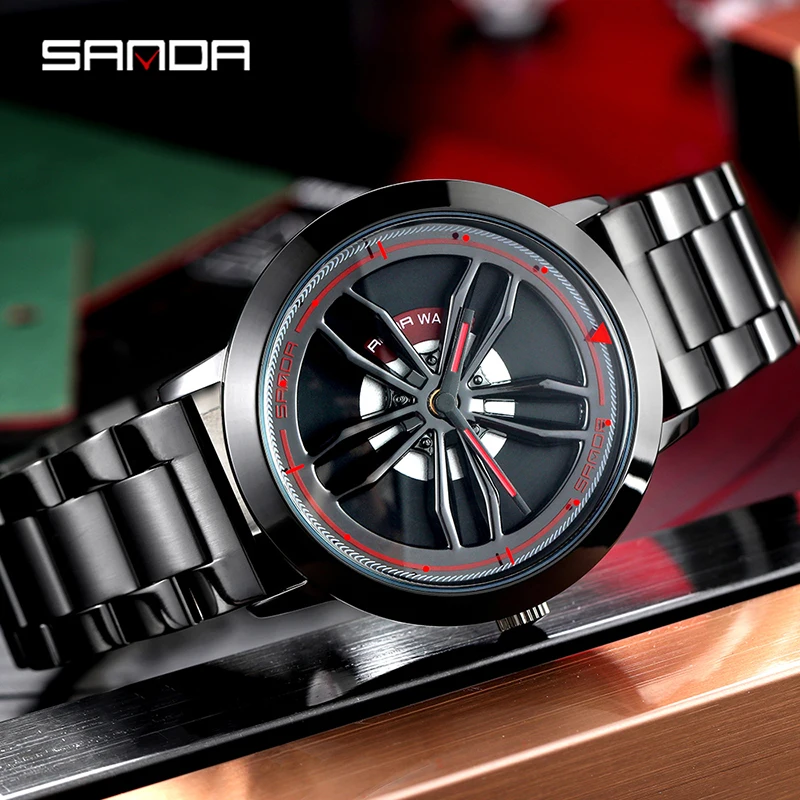 SANDA, деловые мужские часы, крутой вращающийся циферблат, Премиум класс, кварцевые мужские часы с ремешком из нержавеющей стали, Relogio Masculino 1009