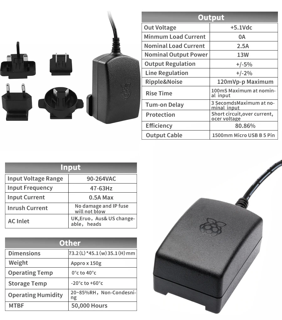 Официальный адаптер питания Raspberry Pi, 5,1 В, а, блок питания для ЕС, США, Великобритании, Австралии, Сменное зарядное устройство для Raspberry Pi 3 Model B