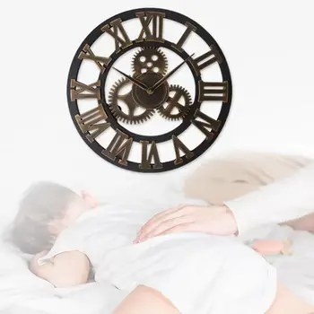 

40cm 3D large classic vintage wooden wall clock retro gear hanging clock Roman numeral European style decor living room