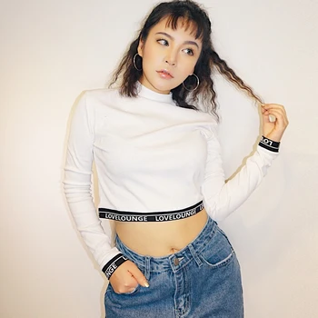 

2019 new fashion women's clothing Autumn short t-shirt long-sleeved shirt Slim sexy jazz dance high waist