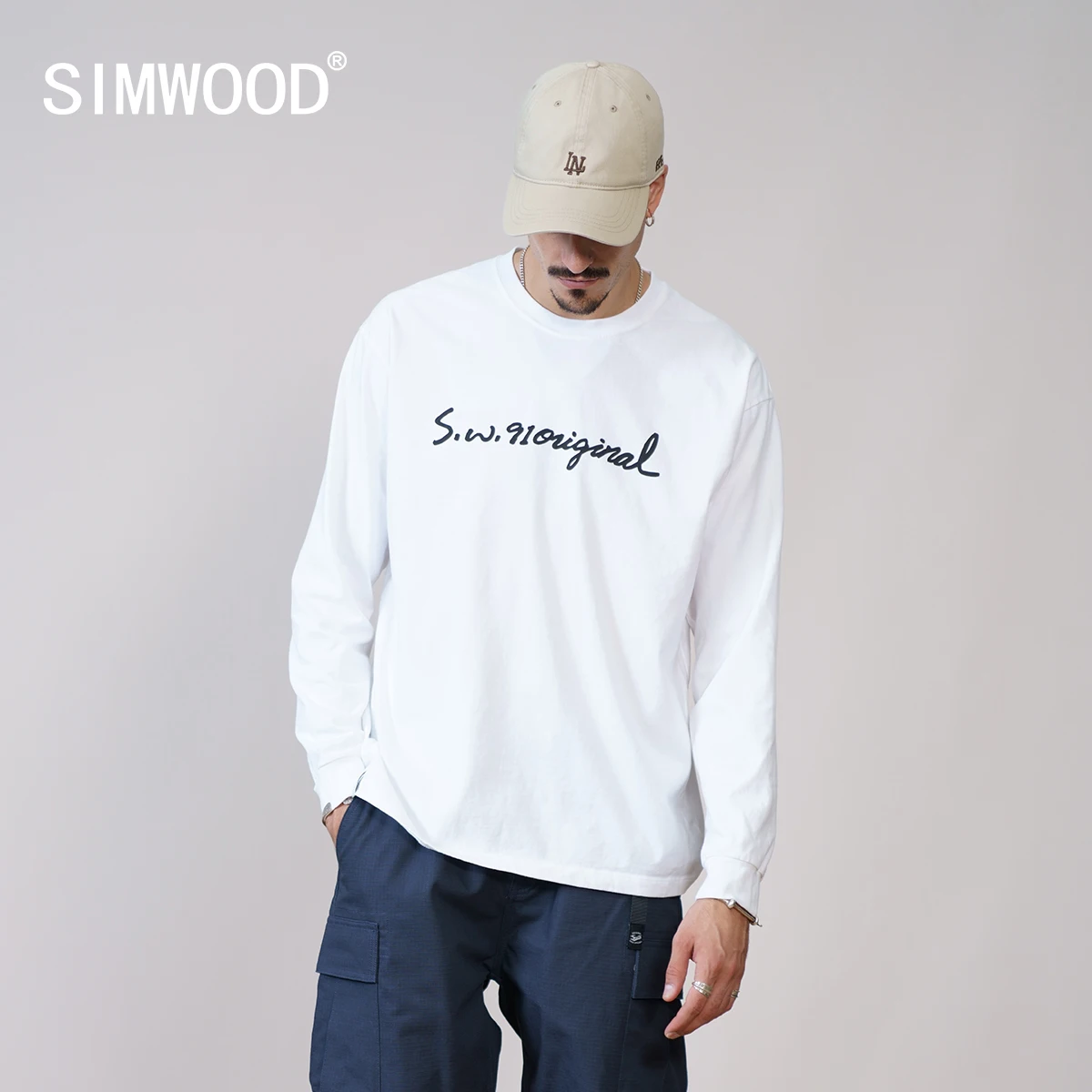 Tanie SIMWOOD 2022 jesień zima nowe napisy druku koszulki z długim rękawem mężczyźni sklep
