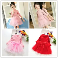Весенне-осенние новые хлопковые платья с длинными рукавами для маленьких девочек 2 цвета, милые однотонные платья с жемчужинами для