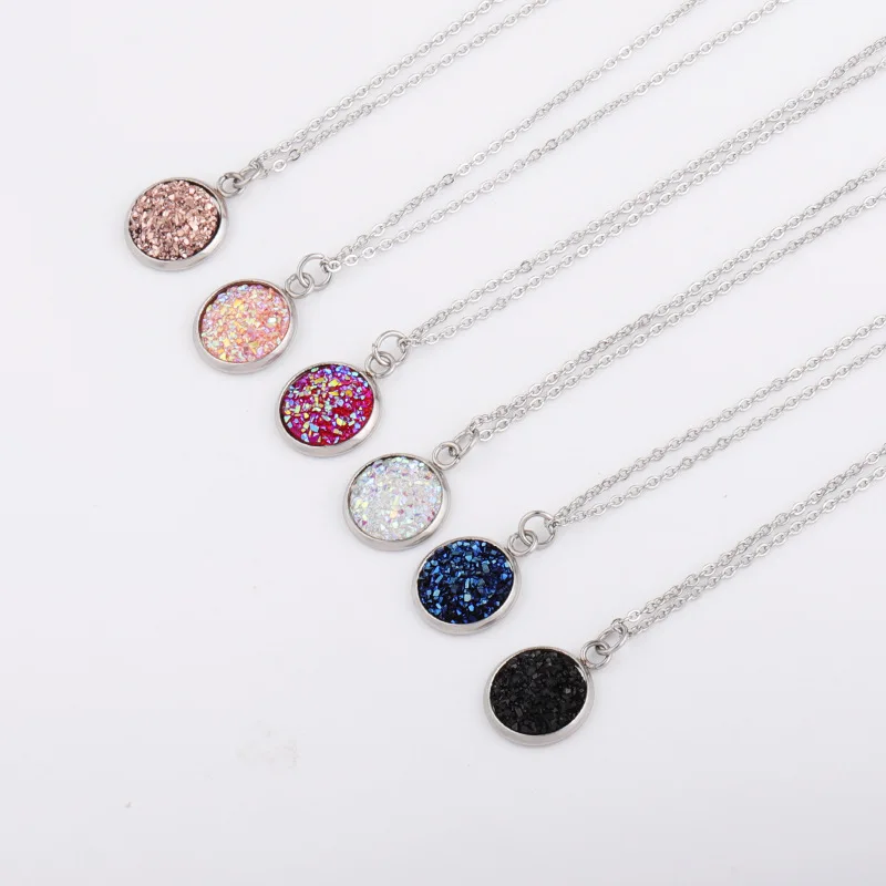 12 мм подвеска Druzy Drusy, ожерелья, ювелирные изделия из смолы, кабошон, нержавеющая сталь, подвеска, цепь для женщин, девушек, ювелирное изделие, подарок