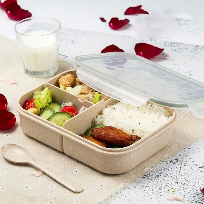 Пшеничная соломенная коробка для ланча с ложкой Bento box креативные квадратные, карамельные коробки для посуды