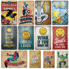 Vintage sonrisa placa signos Retro dibujos animados hombre araña cartel Metal pared arte signo baño lavandería bebé sala de estar Decoración