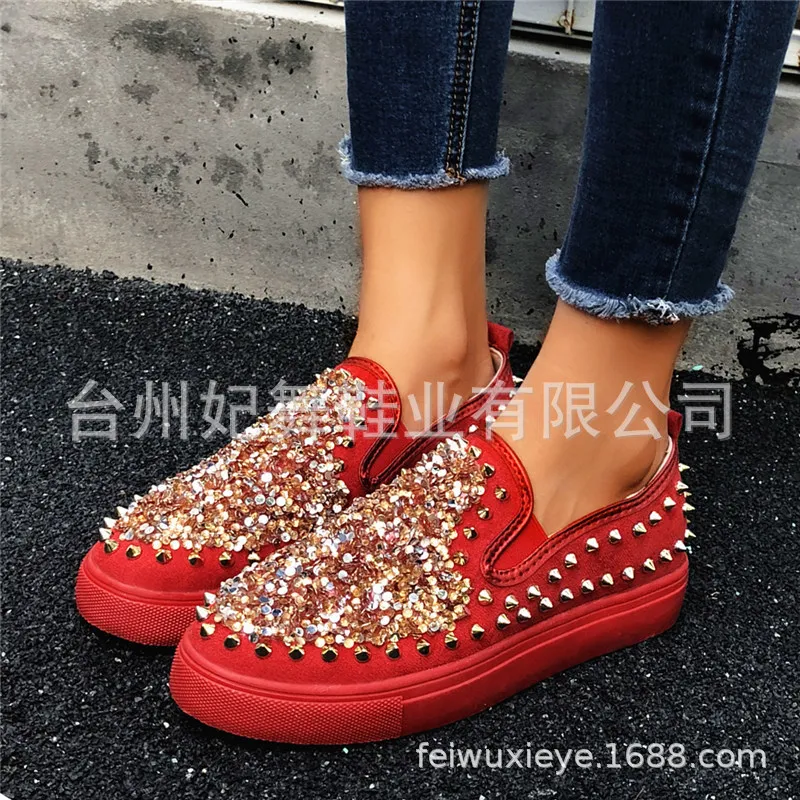 

Large Size Shoes Women's 2020 Spring New Style Slip-on Loafers Rivet Sequin Flat WOMEN'S Casual Shoes