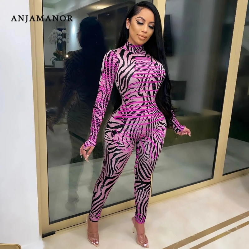 ANJAMANOR-ropa Sexy para mujer, monos con estampado de cebra, pantalón tipo Bodycon de manga larga, traje de una pieza, ropa de discoteca, D35-CI28