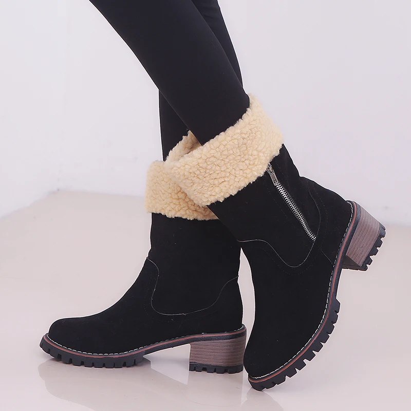 Sale Women Winter Snow Boots Warm Zip Up Mid Calf Low Heels Furry Solid Suede Shoes Lady Fashion Outdoor Booties Mujer | Обувь