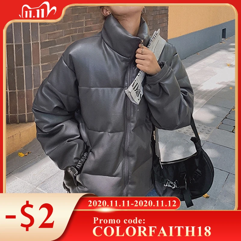 

Colorfaith New 2020 Autumn Winter Women Jackets Quilted Puffer Parkas High-Quality Warm PU Leather Oversize Short Coat CO935