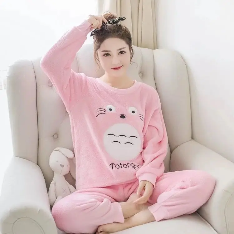 Пижамы женские зимние теплые пижамы женские наборы длинный рукав мультфильм Длинные пижамы женские пижамы костюм сна 2 Pic Домашняя одежда XL XXXL - Цвет: Pink Sleepwear Women