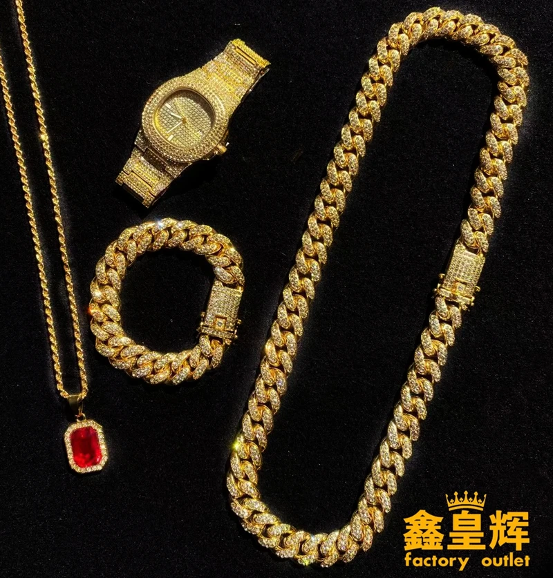 Золотая цепочка в стиле хип хоп набор из колье и браслета золотого Серебряного