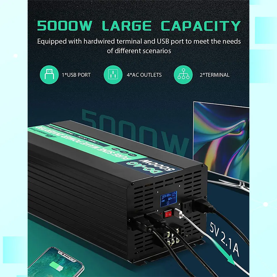 5000W pure sine wave power inverter 12V DC to 110V AC with wireless remote control LCD display 1 USB port and 4 sockets | Электроника