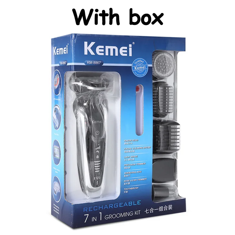 with box Kemei KM-8867 электрическая перезаряжаемая 3D бритва моющаяся Бритва для мужчин триммер для бороды бритвенный станок Barbeador 7 в 1 - Цвет: with box
