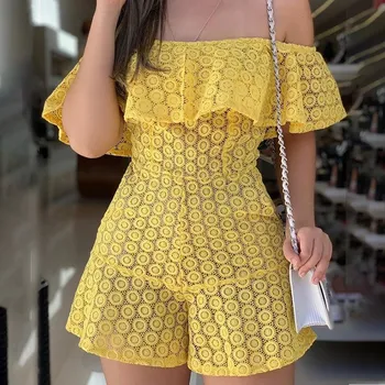 

Women Off Shoulder Embroidery Ruffles Solid Romper Sexy High Waist Slash Neck Playsuit Short Sleeve Overalls