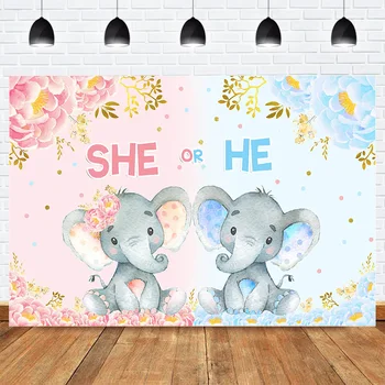 

Gender Reveal Baby Shower Photography Backdrop Newborn Elephant Pink Blue Flowers Baby Background She or He Newborn Photocall
