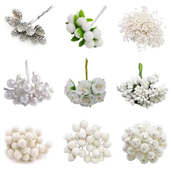 

Mini Mixed White Artificial Plant Flowers Cherry Stamen Berries Bouquet Christmas Wedding Cake Gift Box DIY Wreath Deco Supplies